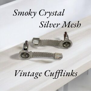 Vintage Swank Smoky Crystal Silver Mesh Cuff Links